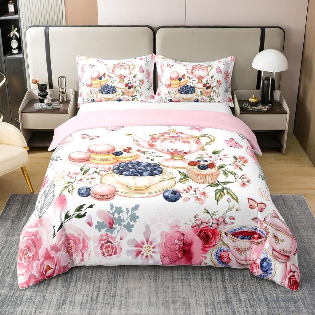 Lovely Bohemian Style Cup Shaped Tea Party Soft Duvet Cover Quen Sized Dimensions Children Kids Rom Decor Watercolor Cofe Beding Cup 3 Piece Set