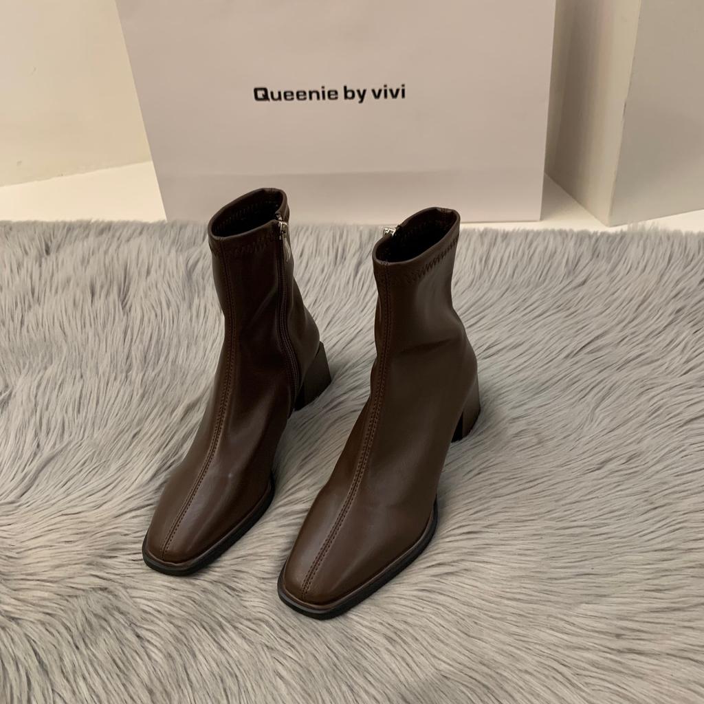 White high-heeled square head thin French small short boots women's shoes 2024 new spring and autumn single boots brown Martin boots