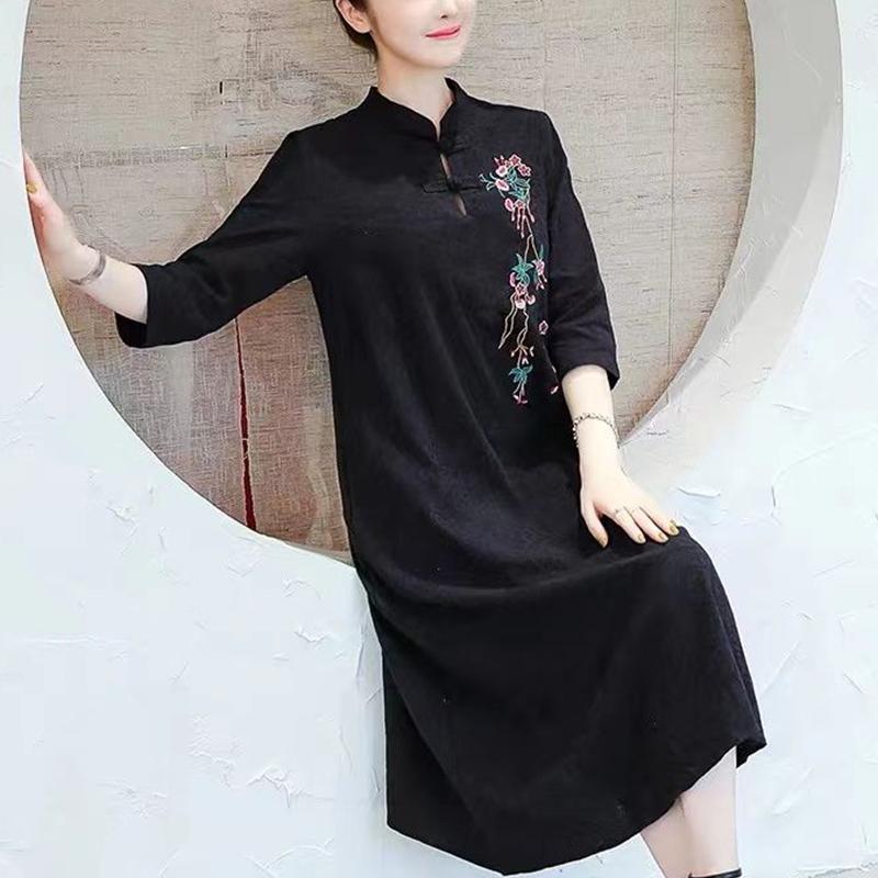 

Летняя мода в китайском стиле с воротником-стойкой и вышивкой, женское винтажное платье с коротким рукавом и темпераментом Vestidos Femme XXXL чёрный