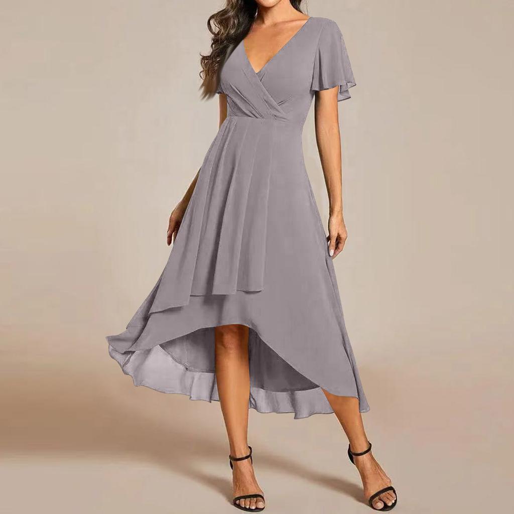 Women's Summer Dress Slim Fit Dress Color Chiffon V Neck Short Sleeved Dress