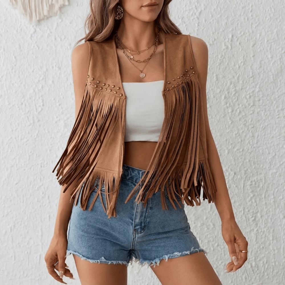 Fashionable Retro Fringed Vest Black/Brown Rivet Detailing Suede Vest Open Front Women'S Vest For Women