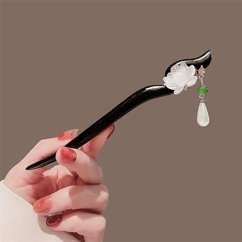 New Chinese Style Elegant Lotus Tassel Black Wood Hairpin Retro Hair Stick Back Head Updo Hair Accessory for Horse Face Skirt Daily Wear