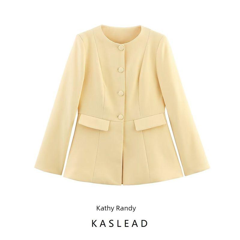 Kaslead New Women clothes Western Style Fashion Simple and Versatile Breasted round Neck Slim fit Outerwear