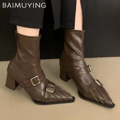 Women Ankle Boots Pointer Toe Mid Heels Shoes Fad Leather Sexy Botas Women Trend Winter Designer Pumps Goth Botas De Mujer