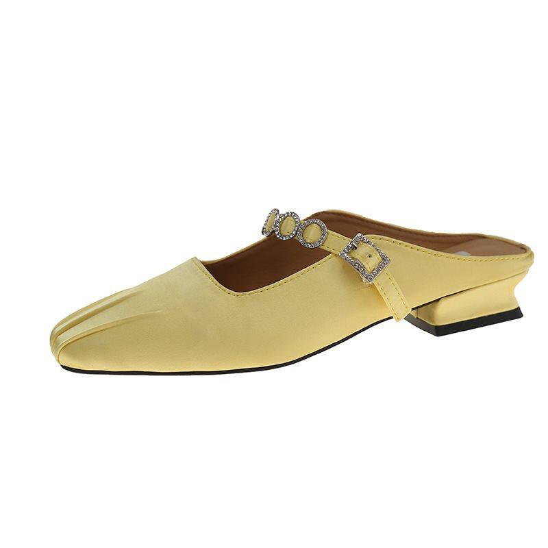 Mary Jane Half-Word Slippers Trendy Square Head Summer With Flat-Bottomed Bag Head Slippers Women Wear Annual Rhinestone Retro 35 жёлтый