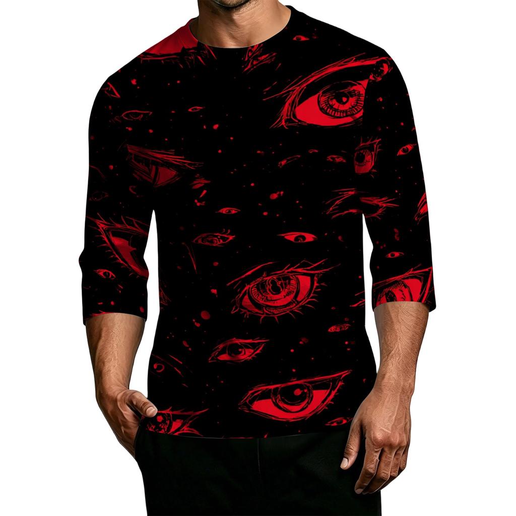 Men's Casual Halloween Print Crew Neck T Shirt Three Quarter Sleeve Top Comfortable Fit Lightweight Fabric Stylish Design