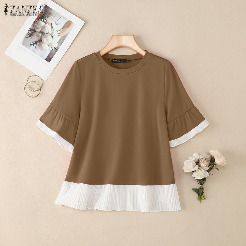ZANZEA Women Casual Round Neck Summer Short Sleeve Blouse