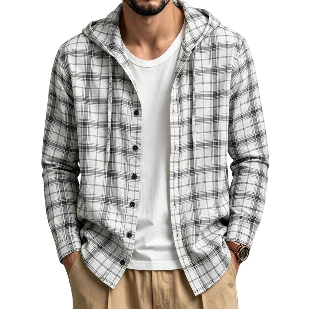 Men's Retro Casual Lightweight Loose Fit Plaid Hooded Long Sleeve Sun Shirt