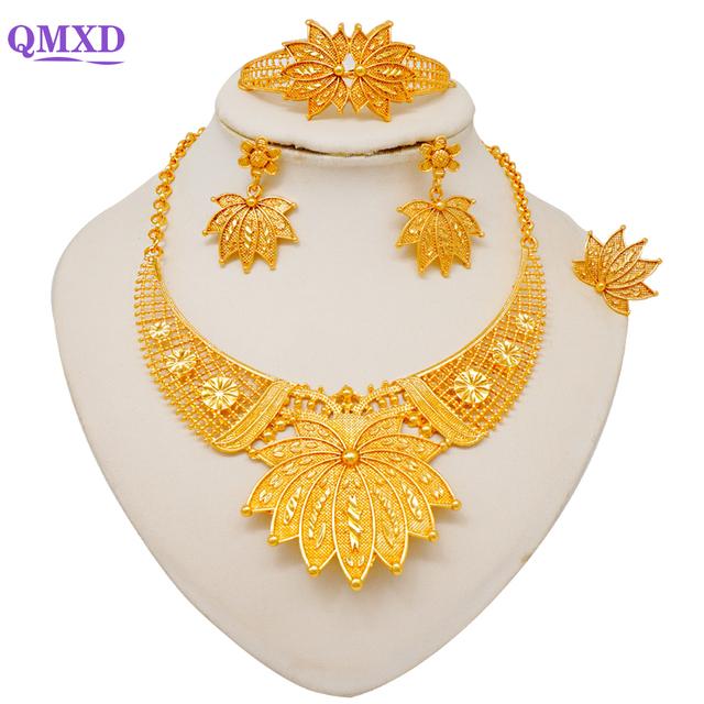 Seturi de bijuterii de culoare aurie Dubai pentru femei Cercei și colier indieni Nigeria Cadouri de nuntă de mireasă marocane