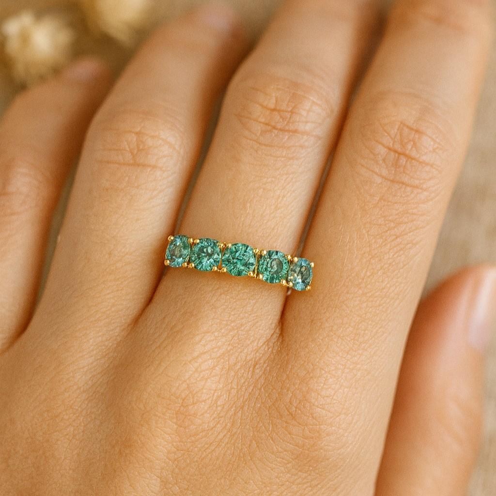 Teal Sapphire Half Eternity Band – Yellow Gold Plated Dainty Engagement, Wedding, Anniversary, Promise Ring for Women | Handmade Gift for Wife