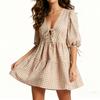 Women's  Plaid Tie-Front Babydoll Dress With Ruffles, Puff Long Sleeves, V-Neck, Peplum Waist, Sundress For Beach