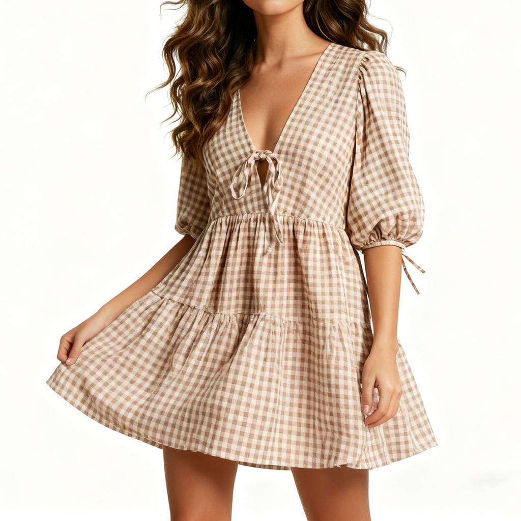 Women's  Plaid Tie-Front Babydoll Dress With Ruffles, Puff Long Sleeves, V-Neck, Peplum Waist, Sundress For Beach