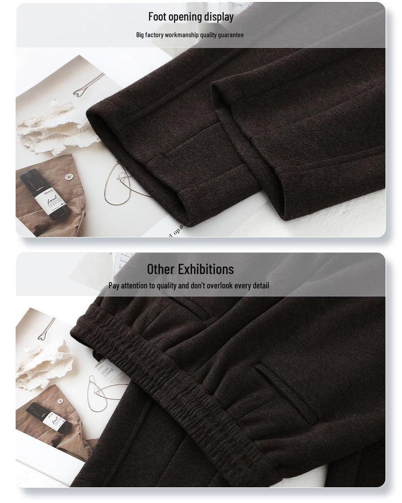 2024 Women's Khaki Wool Acetate Harem Pants - Petite Nine-Point Carrot Style for Autumn/Winter