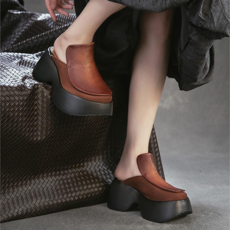 Johnature Height Increasing Outdoor Platform Slippers Genuine Leather Round Toe Thick Soled Women's Shoes