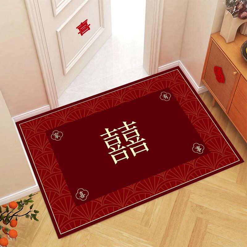 Festive Red Crystal Velvet Wedding Entryway Mat