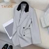 Women Suit Coat Lapel Long Sleeve Double Breasted Suit Jacket with Flap Pockets Loose Fit Business Outwear