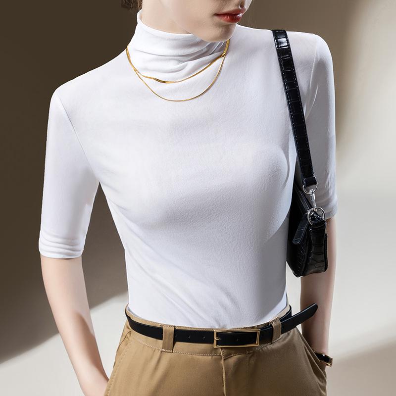 Damska koszulka bazowa z siateczki z półgolfem Nowa damska koszulka wewnętrzna w jednolitym kolorze Temperamentowy top z rękawem pięć punktów