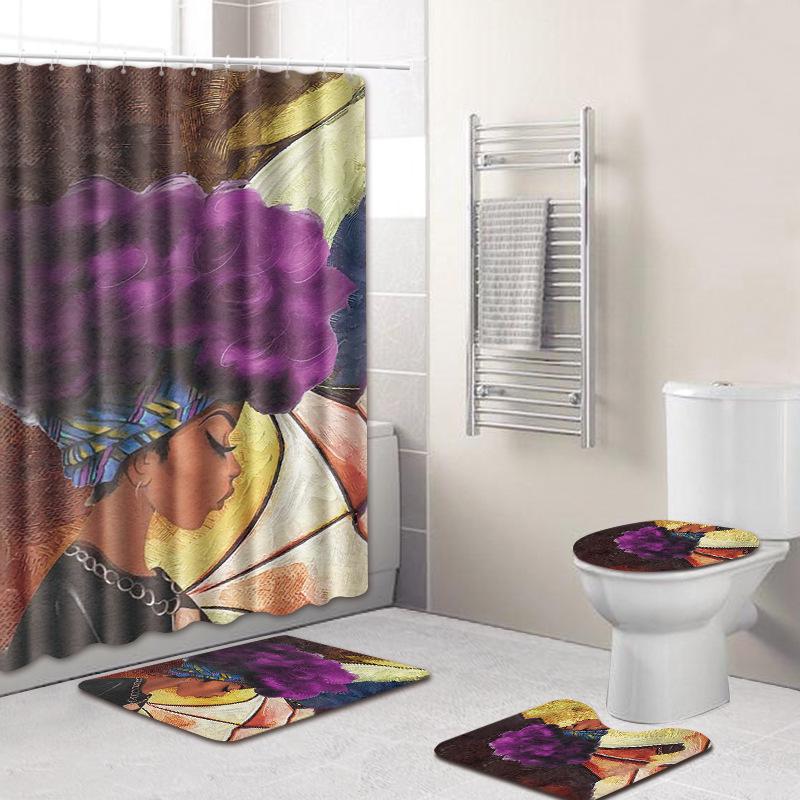 African Woman Digital Printing Creative Shower Curtain Floor Mat Set Bathroom Carpet