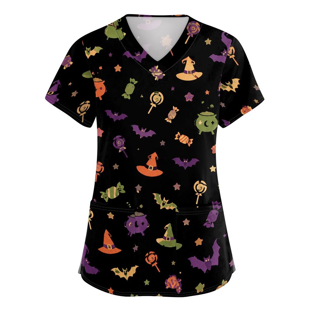 Women V Neck Halloween Print Short Sleeve Medical Scrub Top with Pocket Side Slit Design Comfortable Fit Workwear