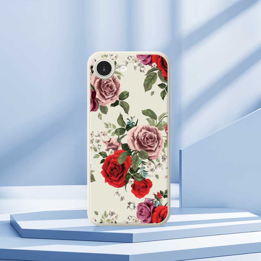 For iPhone 16e Case Red and Pink Flowers Pattern Printing Straight Edge TPU Phone Back Cover