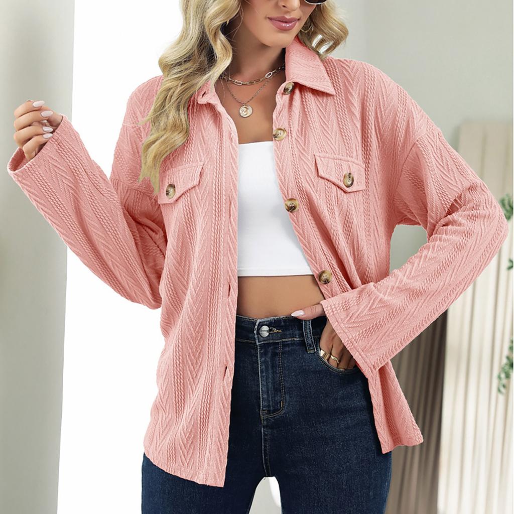 Women's Casual Fashion Solid Color Shirt Lapel Single Breasting Loose Coat