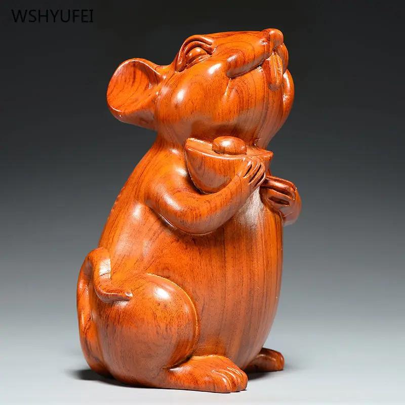 Solid Wood Mouse Wood Carving Decorations Living Room Xuanguan Office Shop Home Decoration Sculpture Crafts Housewarming Gift