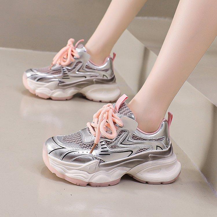 Leather Fried Street Dad Shoes Women's 2025 New Summer Thin Mesh Breathable Old Platform Casual Sports Shoes