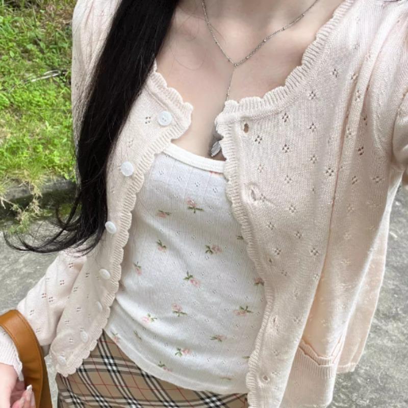 Pockets Women Cardigan Button Sweet Slim Hollow Out Spring Tender Temper Korean Style Long Sleeve Fashion Y2k Aesthetic Fairy