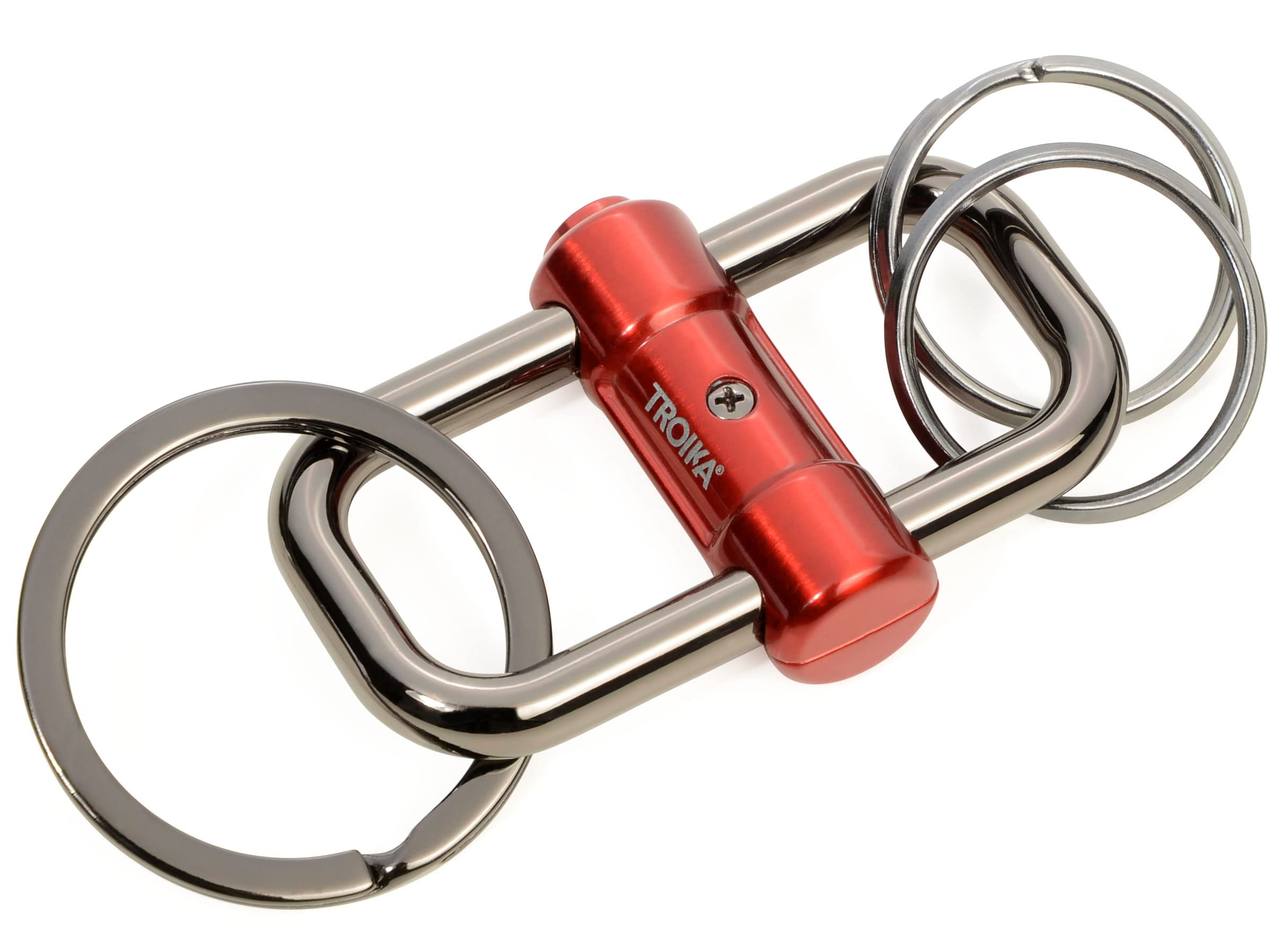 Troika Keyring, Two-Way Key Slide Lock Keychain with Button-to-Unlock and 3 Rings (Red)