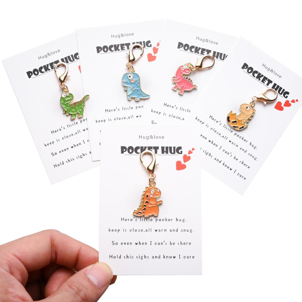 Cute Cartoon Dinosaur Keychain with POCKET HUG English Hug Card and Bag Pendant