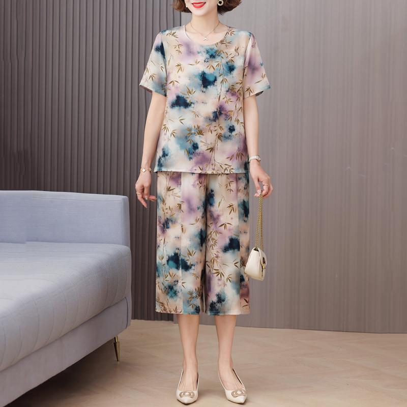 Elegante 2-teilige Sets Damen Sommerkleidung Vintage Lockerer Druck Übergröße Hosenanzüge