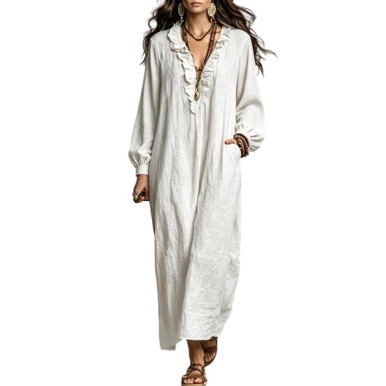 Effen Kleur Jurken Dames Ruches V-hals Lange Jurk, Losse Pasvorm Casual Midi Halslijn Mouwen Jurk voor Lente Herfst