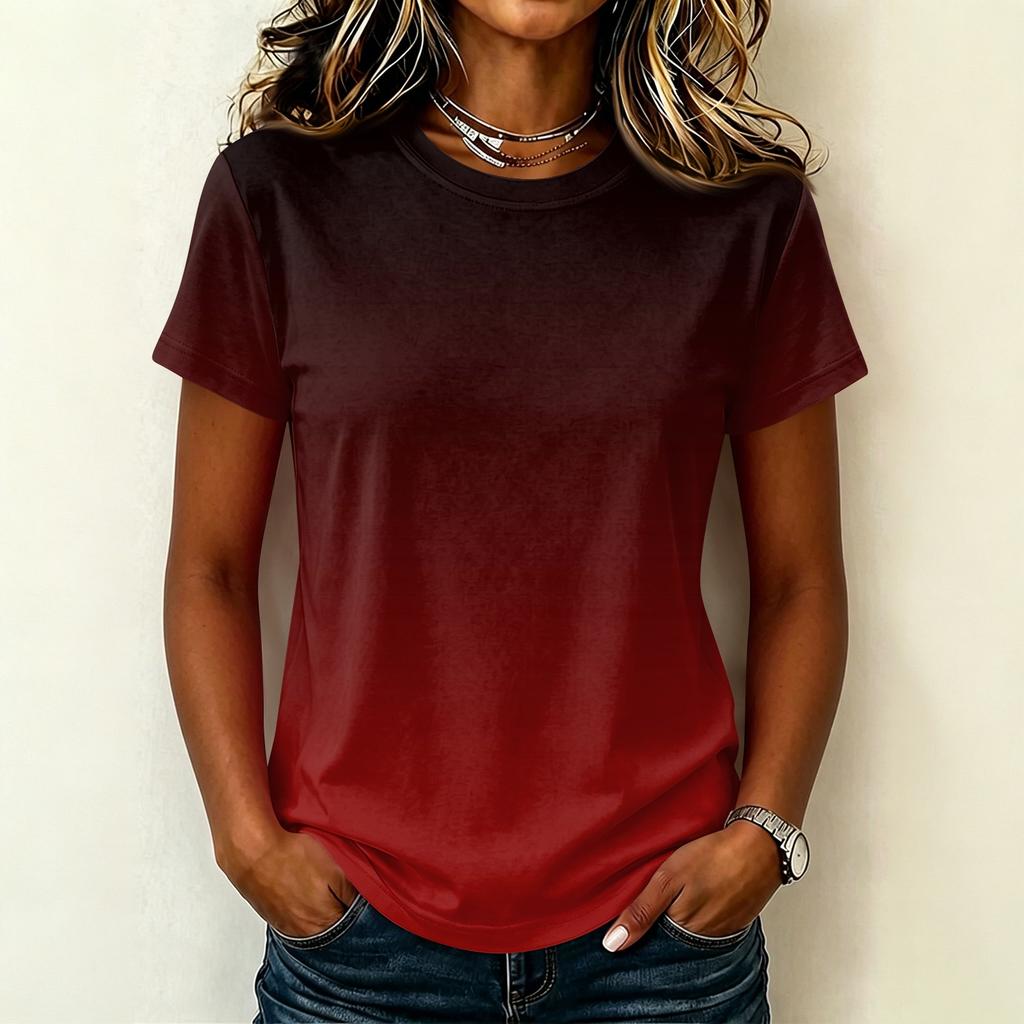 Women's Casual Pullover T-Shirt Short Sleeve Crew Neck Gradient Color Top Lightweight Soft Fabric Summer Wear