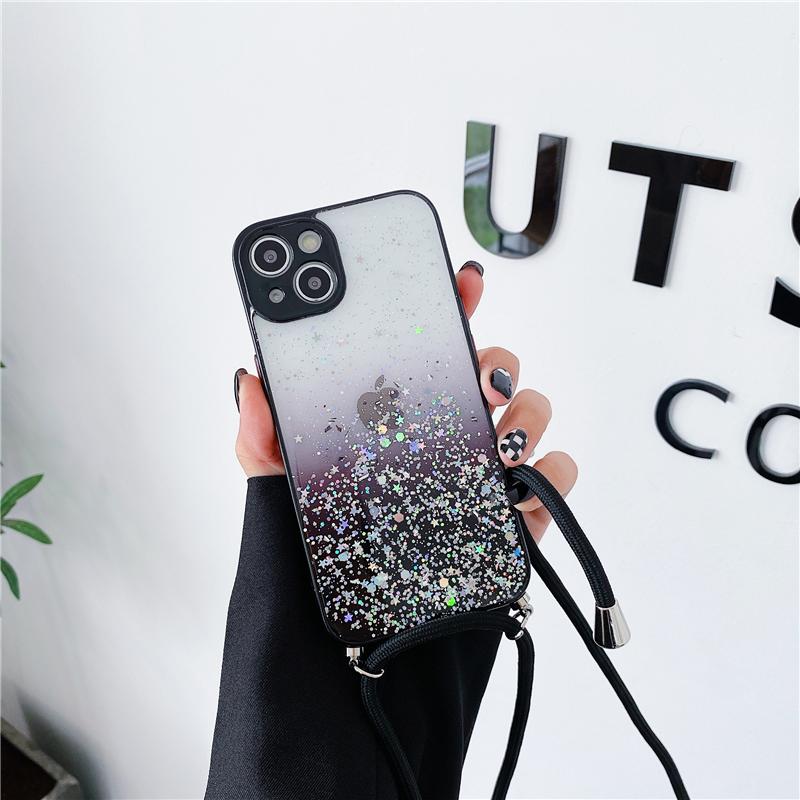 New Glitter Sequins Gradient Clear Necklace Strap Lanyard Phone Case For iPhone17 16 13 12 11 Pro Max14 15 Plus Soft Cover