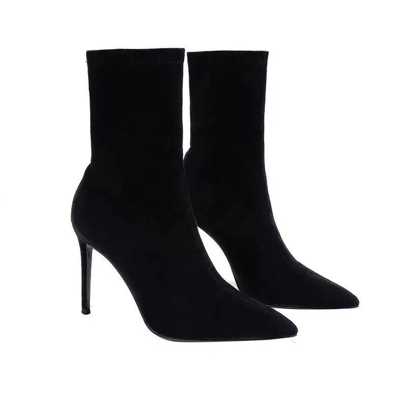 Autumn and Winter Short Boots Women's High-heeled Elastic Black Pointed Thin-heeled Thin Boots Suede White Boots Temperament