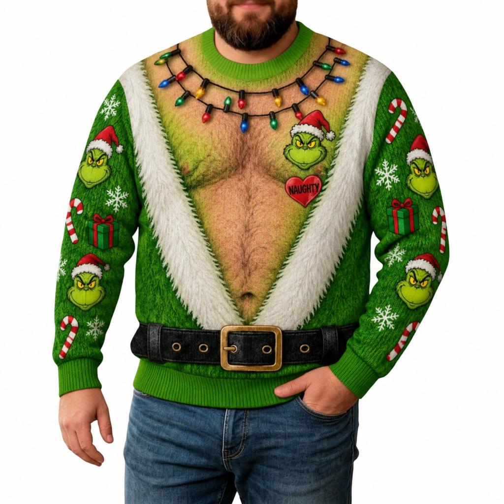 Men's Christmas Print Round Neck Knit Sweater Long Sleeve Pullover for Fall Winter
