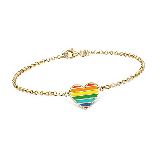 Bracciale da donna con cuore in vero argento sterling italiano placcato oro giallo smaltato arcobaleno