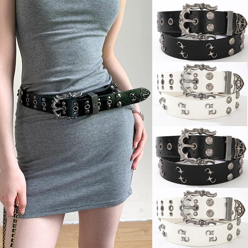Vintage Studded Buckle Belts Punk Dark Rivet Carved Metal Buckle Belt for Women Men Fashion Waistband Jeans Dress Accessories