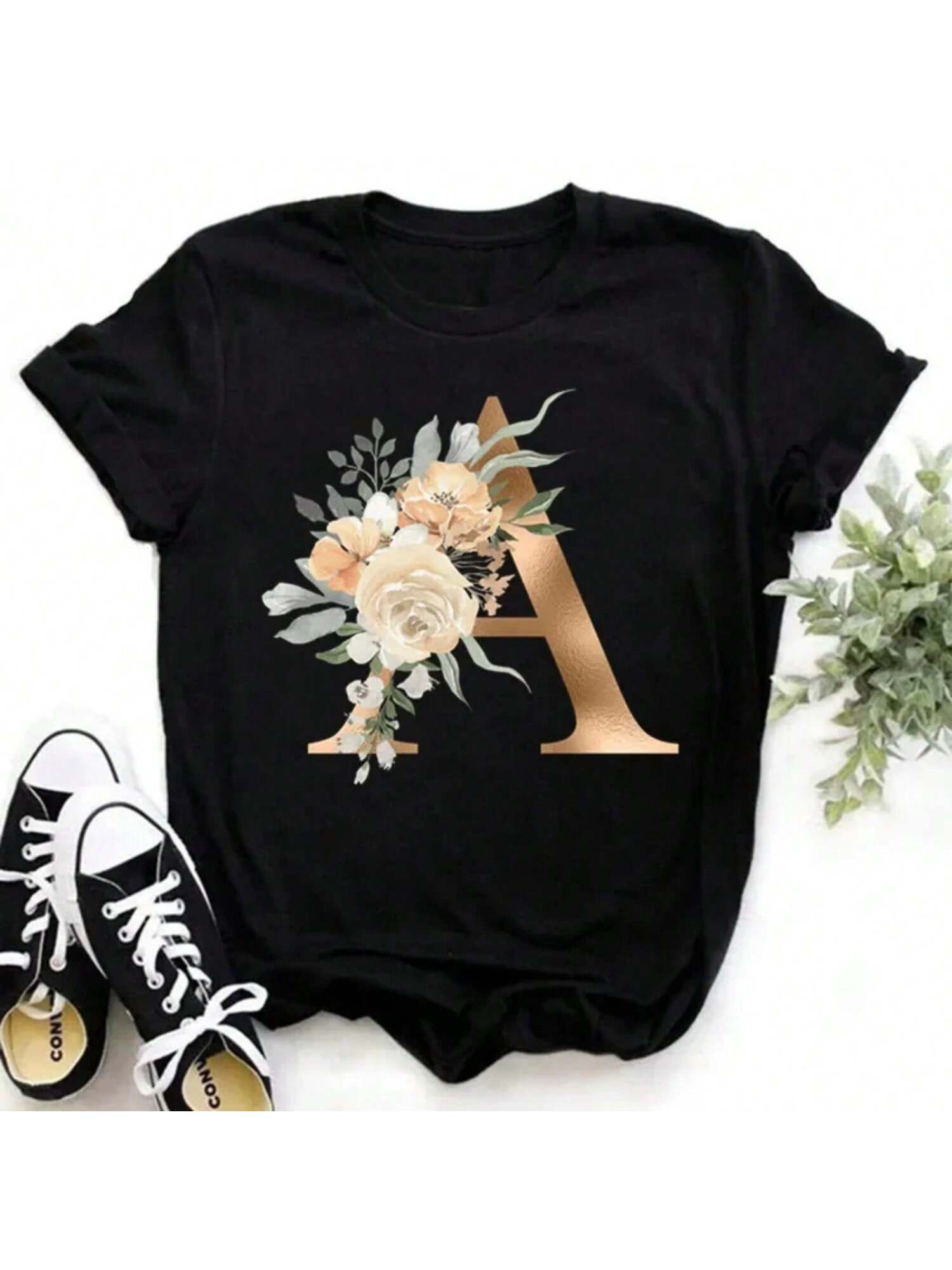 Gold Floral Alphabet A-Z Letter Combination Fashion Wounisex T-Shirt Letter Font A-Z Short Sleeve Tops Black T-Shirt Female S разноцветный