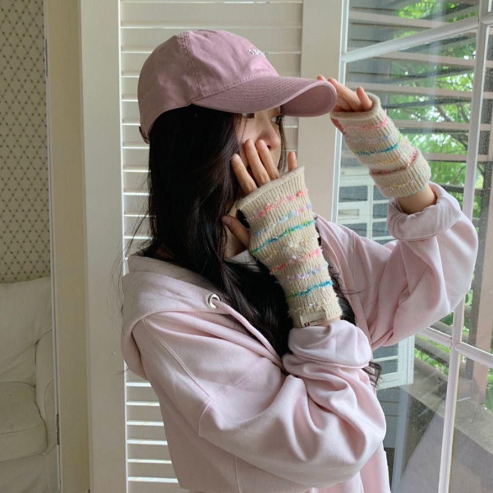 Y2k Streifen Gestrickte Handschuhe Verdickte Fingerlose Fäustlinge Süße Damen Winterhandschuhe Damen