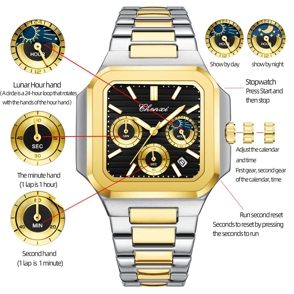 High-quality Luxury Watches For Man Fashion Original Chronograph Date Display Quartz Hands Watch Gold White Stainless Steel