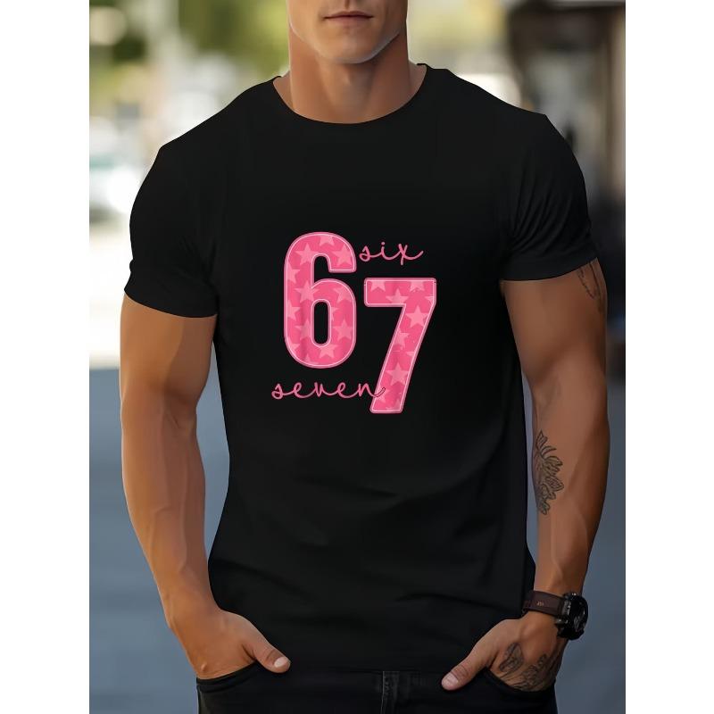 Men S Summer Crew Neck Short Sleeve T-Shirt, Print Pink Star And Number 67 Pattern, Trendy Personalized Style, Casual Versatile Street Top S чёрный