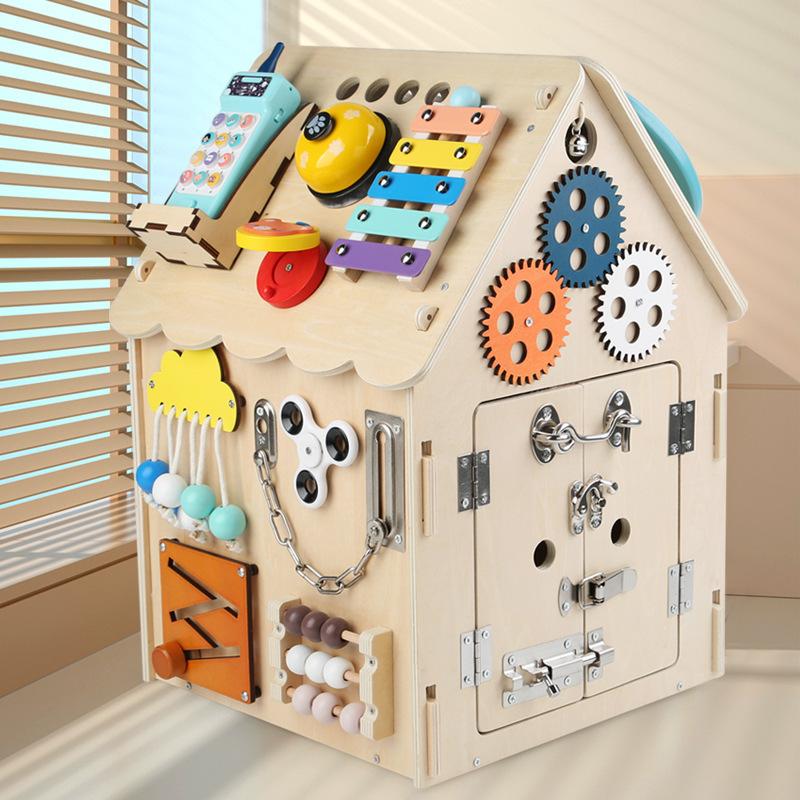 Wooden Kids Early Education Multicolor Busy House Busy Board Montessori Unlocking Piano Concentration Training Teaching Toys