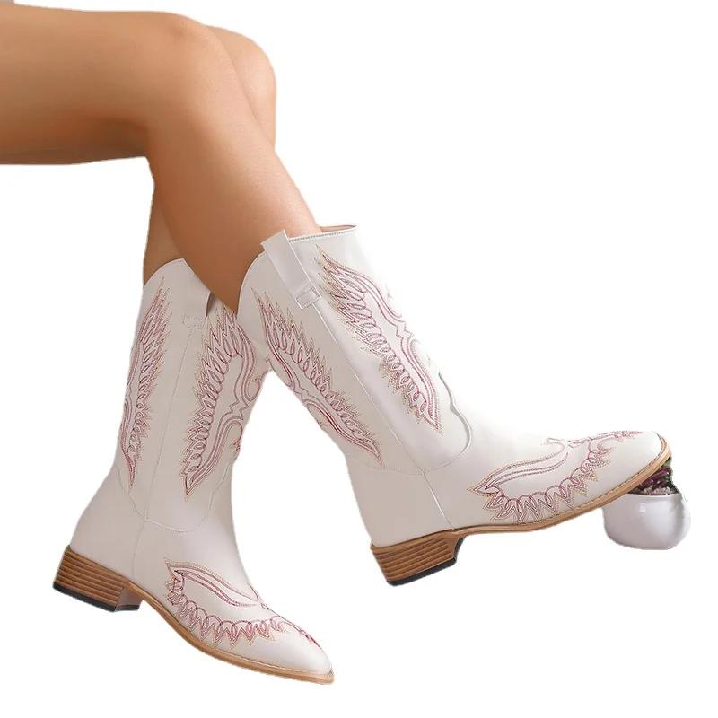 2024 Vente Chaude Chaussures pour Femmes Manchon Bottes d'Hiver pour Femmes Bout Carré Couleurs Mélangées Mi-Tige Racine Carrée Grande Taille Bottes de Mode