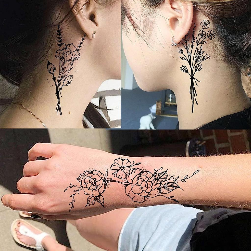 19 Sheets 3D Sexy Flower Temporary Tattoos For Women Neck Arm Black Fake Tattoo Sticker Waterproof Small Sketch Tatoo Decoration
