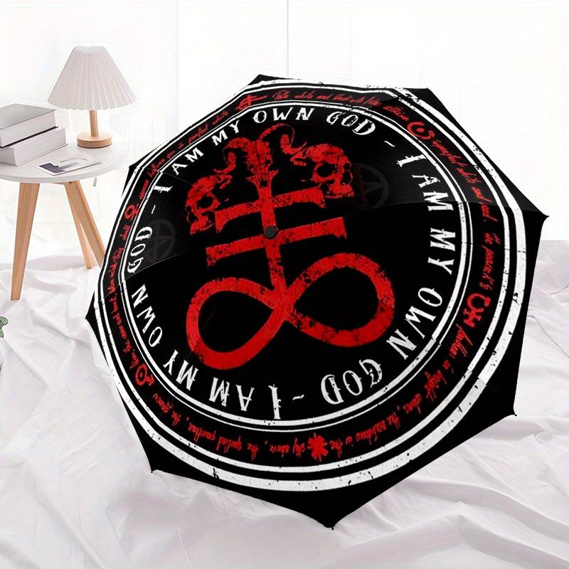 1pc Satan Automatic Folding Umbrella: Compact 8-Rib Design for Outdoor Everyday Use and Festive Gifting, Bold Emblem Graphics,