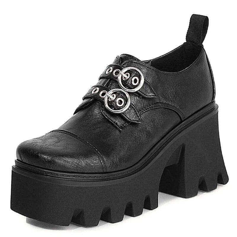 Gothic Oxfords Shoes For Women Pu Leather Black Red Flats Platform Chunky Heels Women Pumps Japanese Buckle Shoes Girls Est