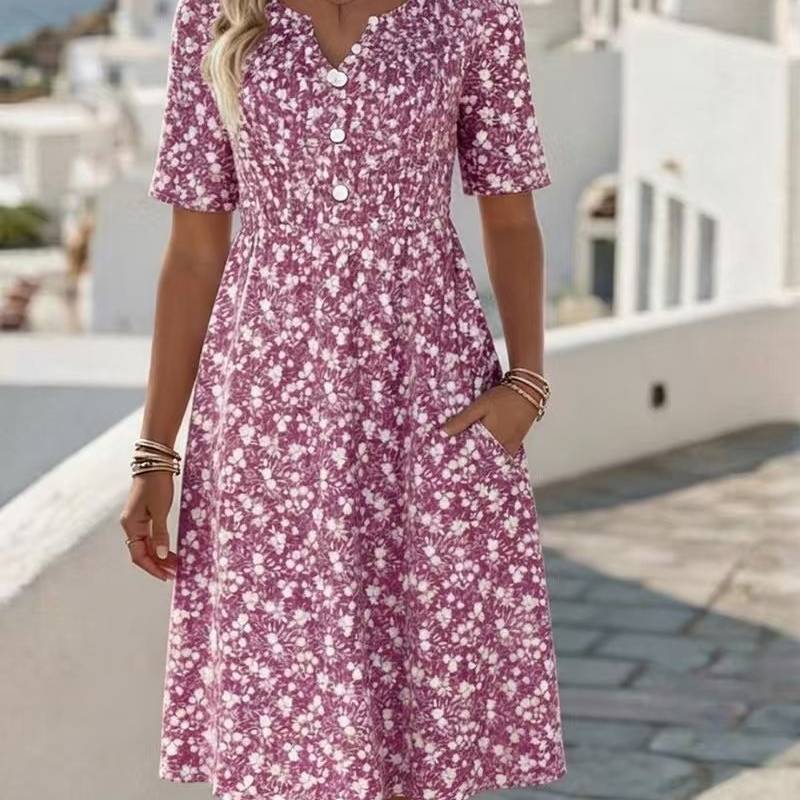 Abito Floreale Estivo con Scollo a V e Tasche per Viaggi Casual e Relax in Spiaggia