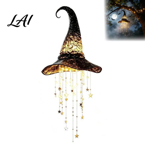 Halloween Hanging Decorations Lighted Witch Hat Chime LED Glowing Wizard with Yard Patio Decor Swinging Star Tassels Indoor Outdoor Porch