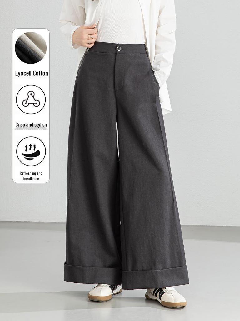 Xin Ge Women's Spring Tencel Cotton High Waist Wide Leg Pants with a Lazy Style Design